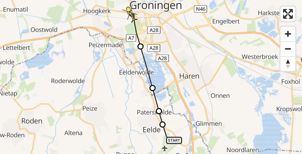 Routekaart van de vlucht: Lifeliner 4 naar Groningen, Burgemeester J.G. Legroweg