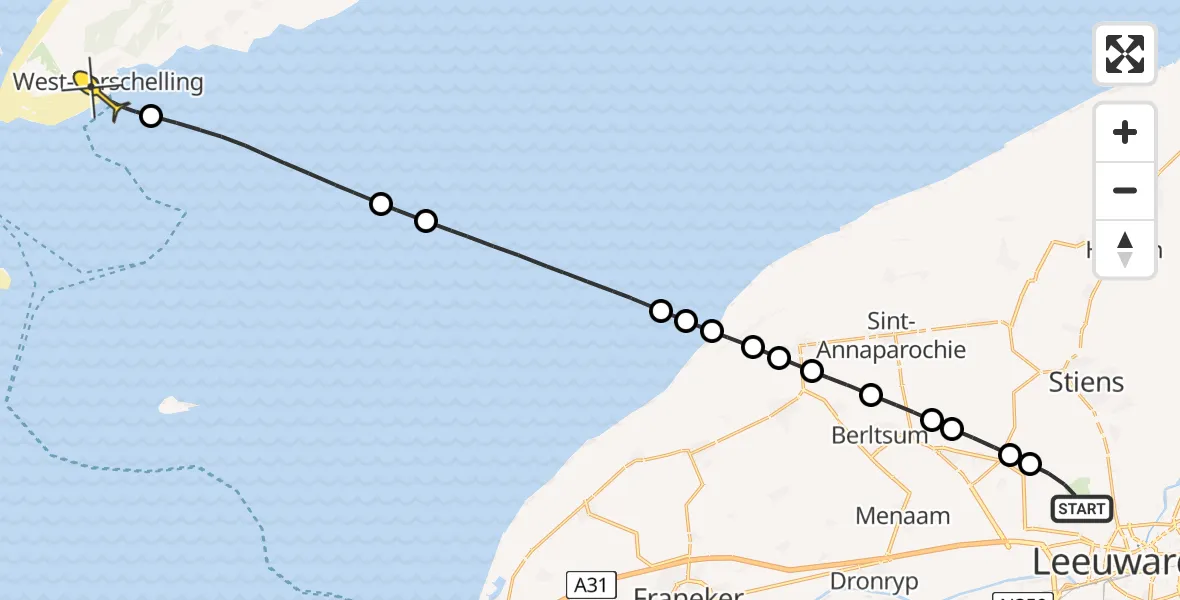 Routekaart van de vlucht: Ambulanceheli naar West-Terschelling, Keegsdijkje
