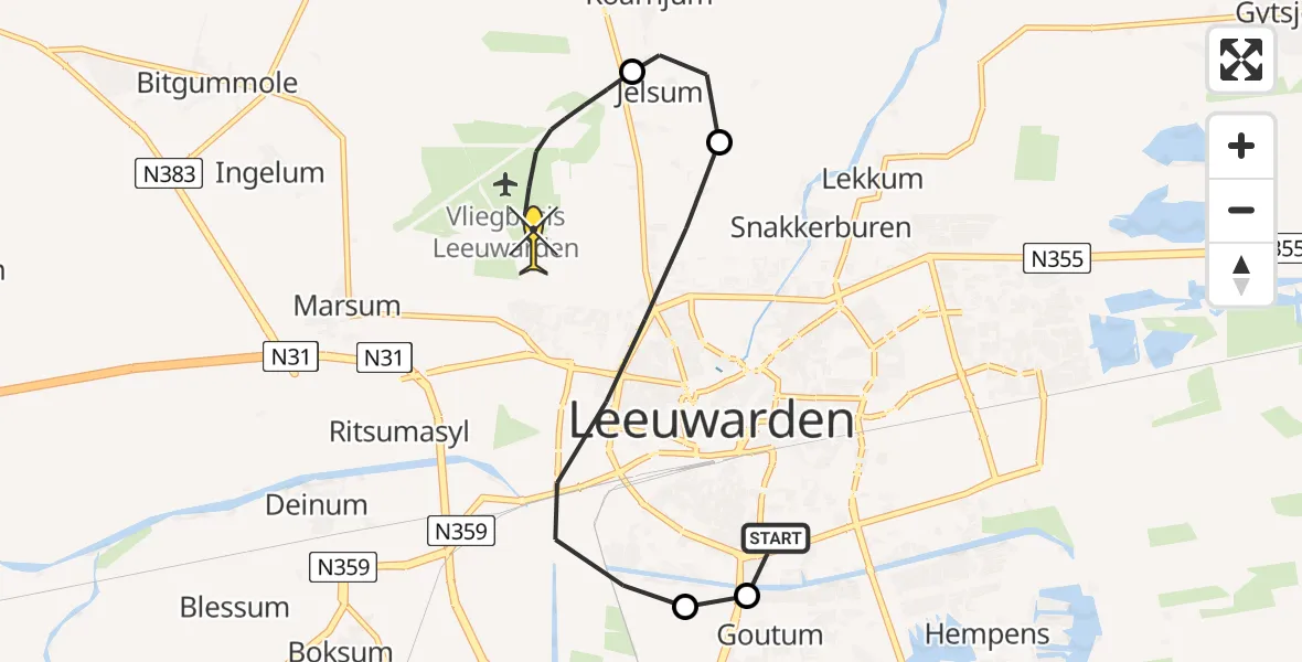 Routekaart van de vlucht: Ambulancehelikopter naar Vliegbasis Leeuwarden, Nijlânsfeart