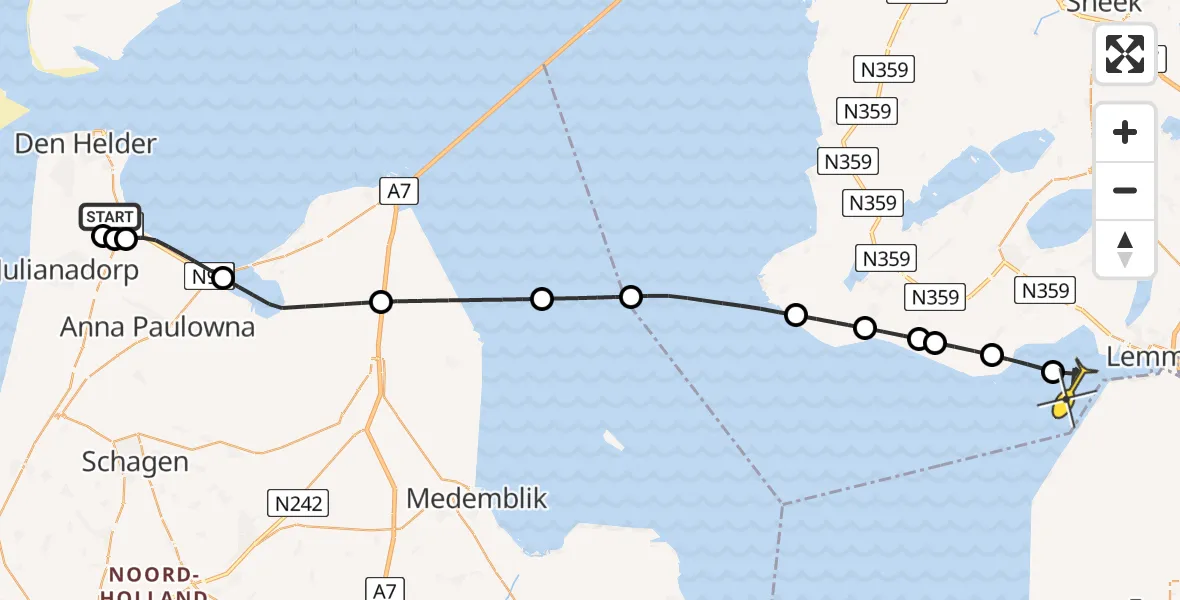 Routekaart van de vlucht: Kustwachthelikopter naar Lemmer, Middenvliet
