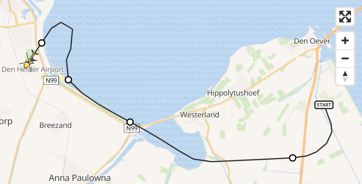 Routekaart van de vlucht: Kustwachthelikopter naar Vliegveld De Kooy, Oosterkwelweg