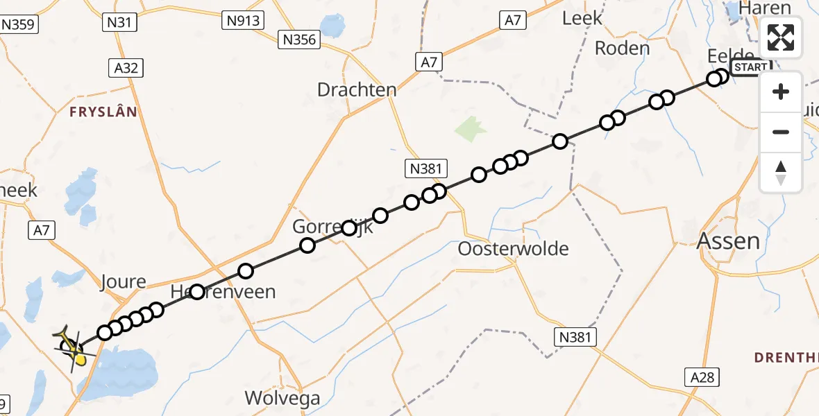 Routekaart van de vlucht: Lifeliner 4 naar Sint Nicolaasga, Veldkampweg