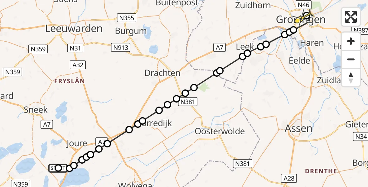 Routekaart van de vlucht: Lifeliner 4 naar Universitair Medisch Centrum Groningen, Wielwei