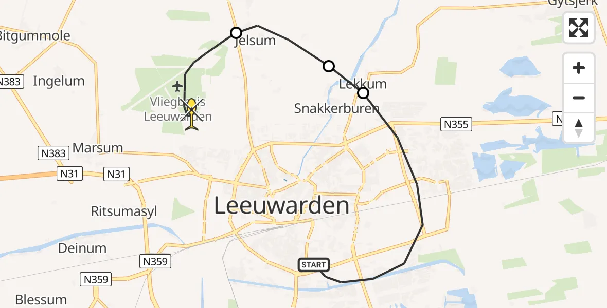 Routekaart van de vlucht: Ambulancehelikopter naar Vliegbasis Leeuwarden, Krommezijl
