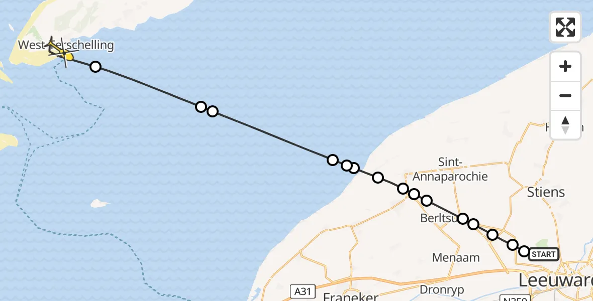 Routekaart van de vlucht: Ambulanceheli naar West-Terschelling, Famylje Tammingaleane