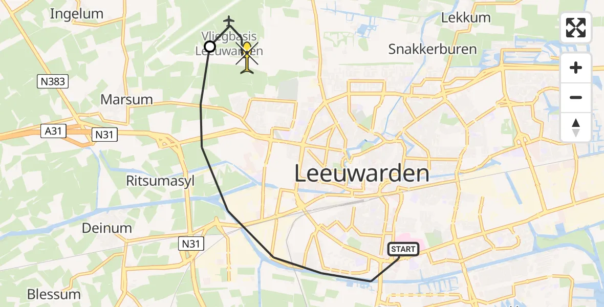 Routekaart van de vlucht: Ambulanceheli naar Vliegbasis Leeuwarden, Beatrixstraat