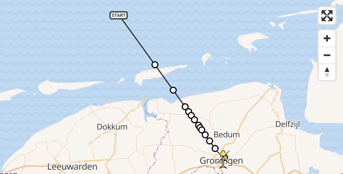 Routekaart van de vlucht: Kustwachthelikopter naar Universitair Medisch Centrum Groningen, Poortweg