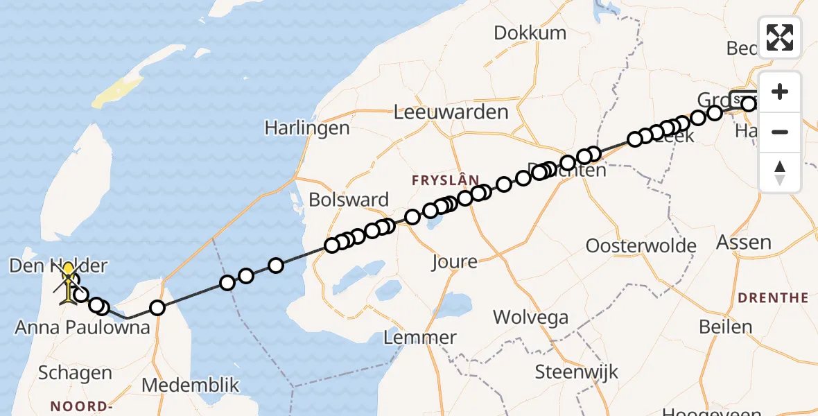 Routekaart van de vlucht: Kustwachthelikopter naar Vliegveld De Kooy, Zuiderpark