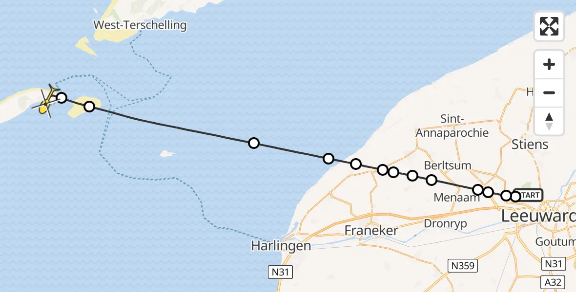 Routekaart van de vlucht: Ambulancehelikopter naar Vlieland Heliport, Keegsdijkje