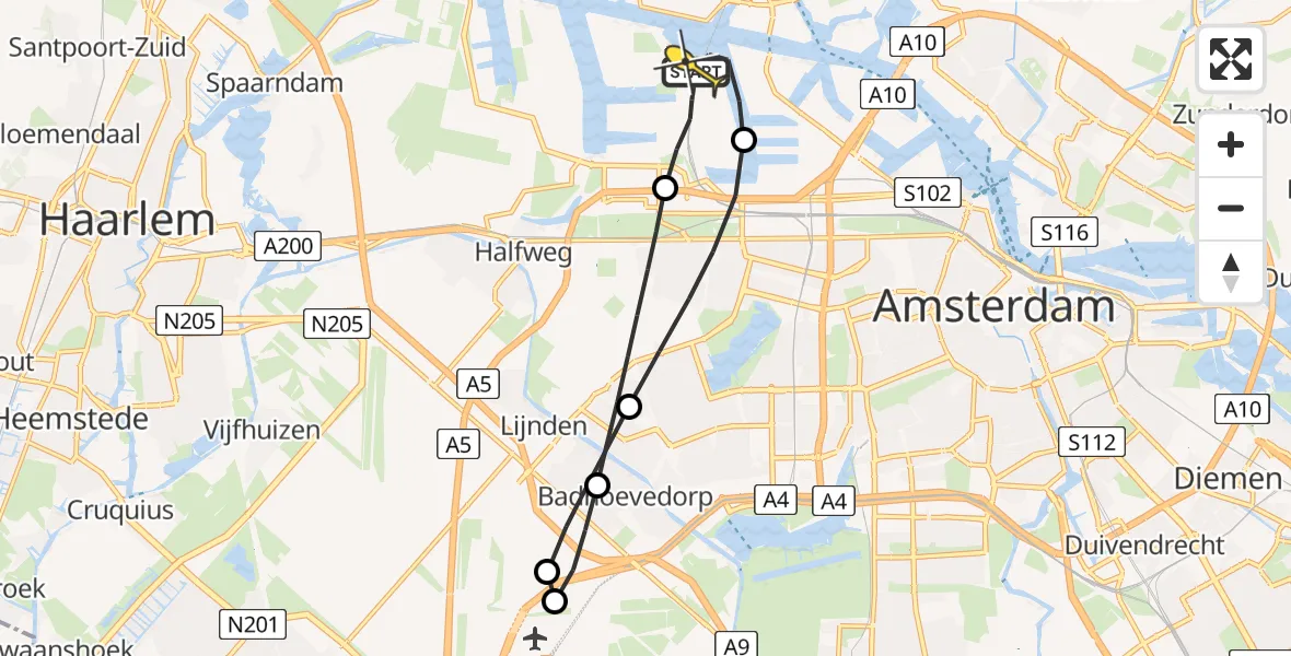 Routekaart van de vlucht: Lifeliner 1 naar Amsterdam Heliport, Hornweg