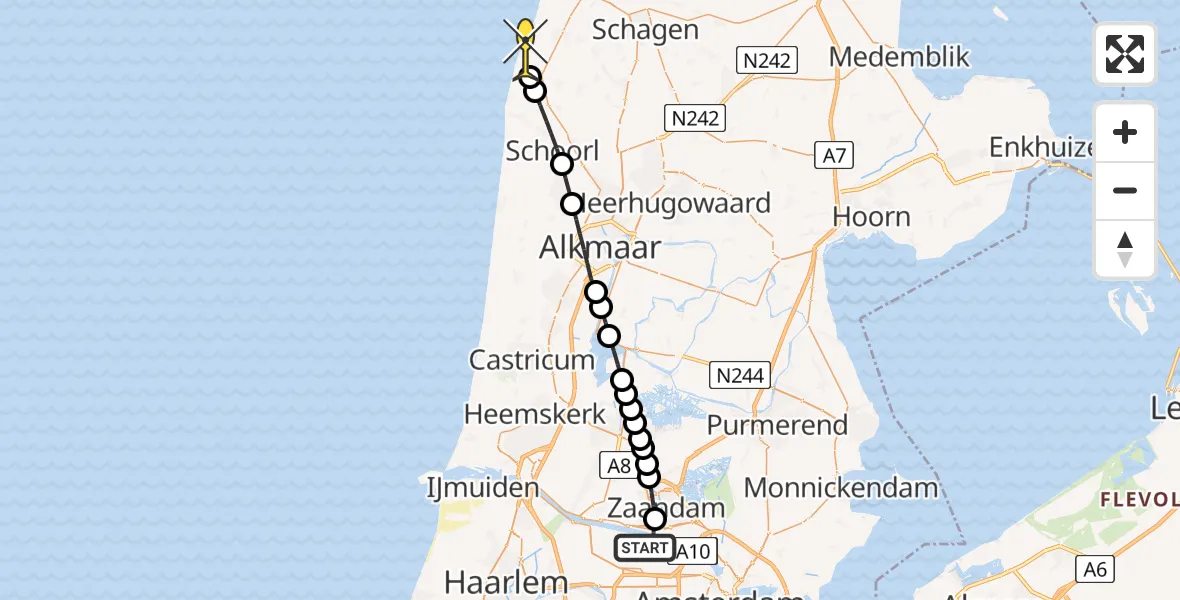 Routekaart van de vlucht: Lifeliner 1 naar Petten, Elbaweg