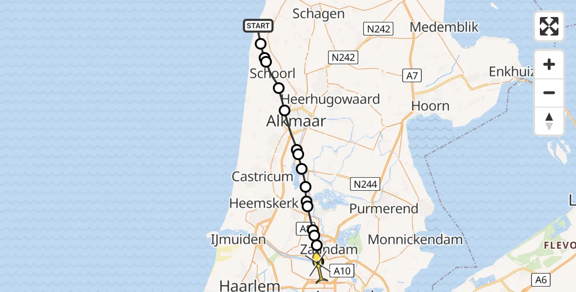 Routekaart van de vlucht: Lifeliner 1 naar Amsterdam Heliport, Zuiderhazedwarsdijk