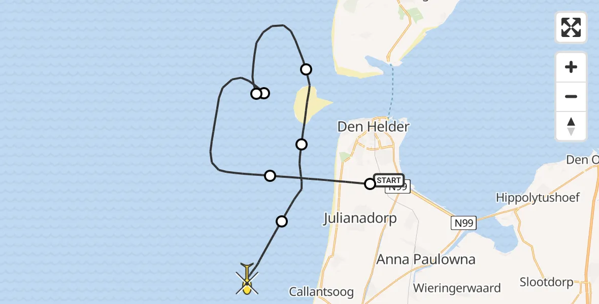 Routekaart van de vlucht: Kustwachthelikopter naar Middenvliet