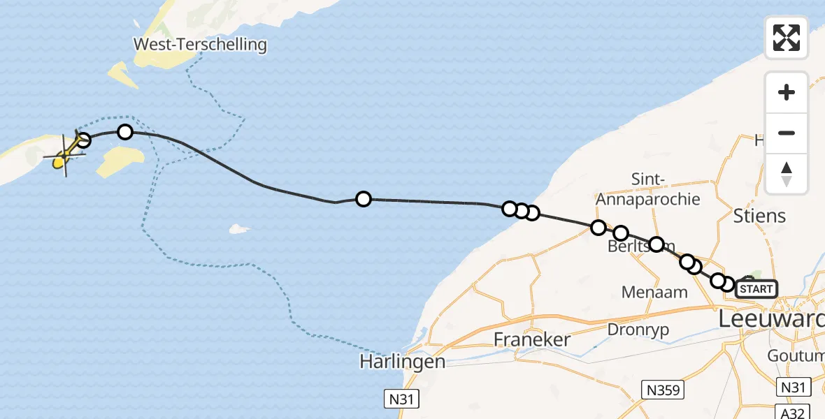 Routekaart van de vlucht: Ambulanceheli naar Vlieland Heliport, Keegsdijkje