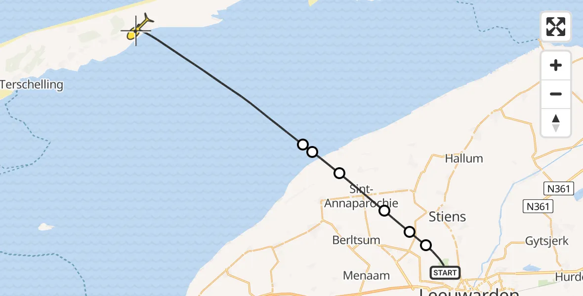 Routekaart van de vlucht: Ambulanceheli naar Oosterend, Keegsdijkje