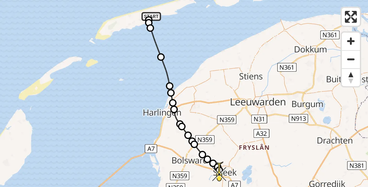 Routekaart van de vlucht: Ambulanceheli naar Sneek, Buterpollepad