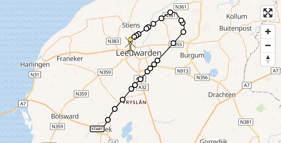 Routekaart van de vlucht: Ambulanceheli naar Vliegbasis Leeuwarden, Stationsstraat