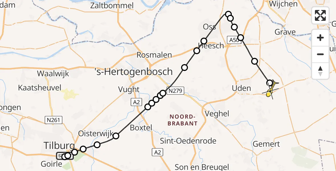Routekaart van de vlucht: Lifeliner 3 naar Vliegbasis Volkel, Hilvarenbeekseweg