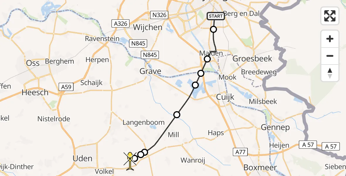 Routekaart van de vlucht: Lifeliner 3 naar Vliegbasis Volkel, Kanunnik Mijllinckstraat