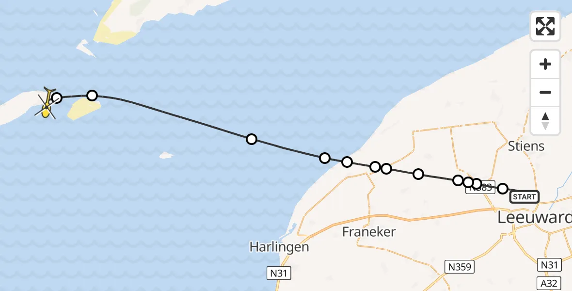 Routekaart van de vlucht: Ambulancehelikopter naar Vlieland Heliport, Keegsdijkje