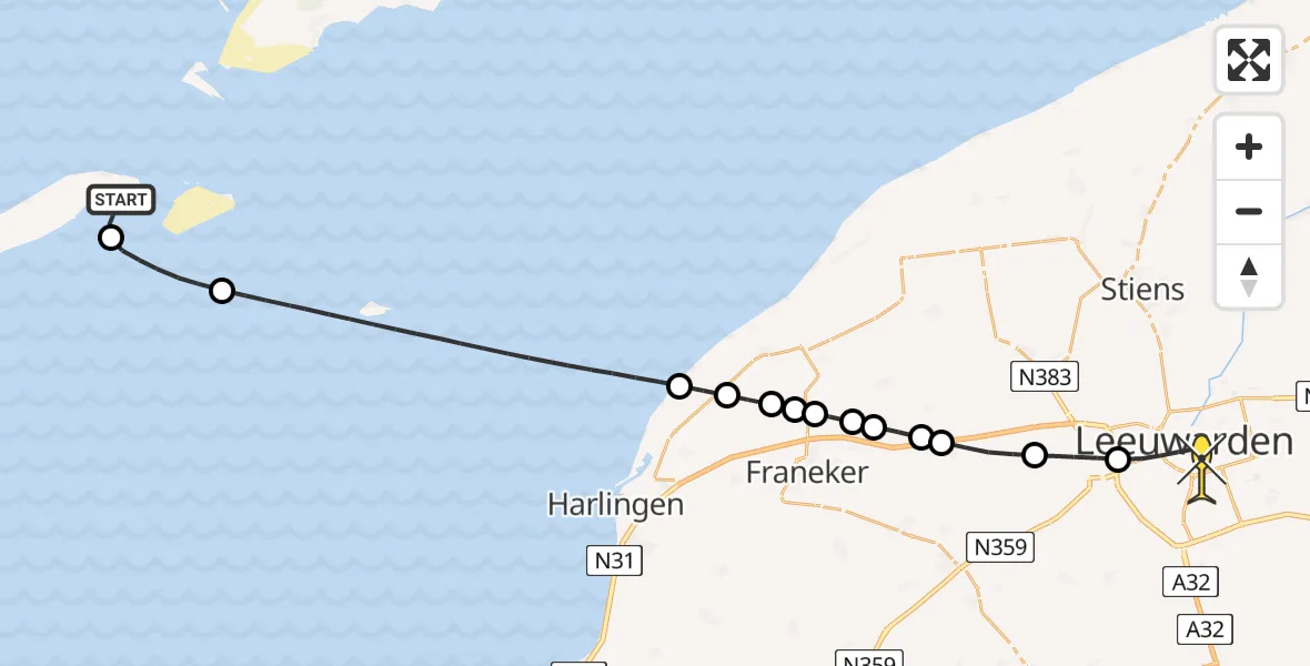 Routekaart van de vlucht: Ambulancehelikopter naar Leeuwarden, Aldlânsdyk