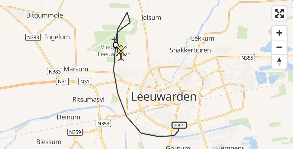 Routekaart van de vlucht: Ambulancehelikopter naar Vliegbasis Leeuwarden, Nijlânsdyk