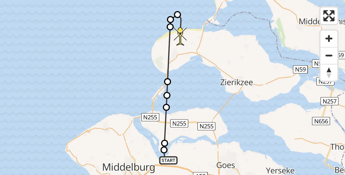 Routekaart van de vlucht: Kustwachthelikopter naar Renesse, Schenge