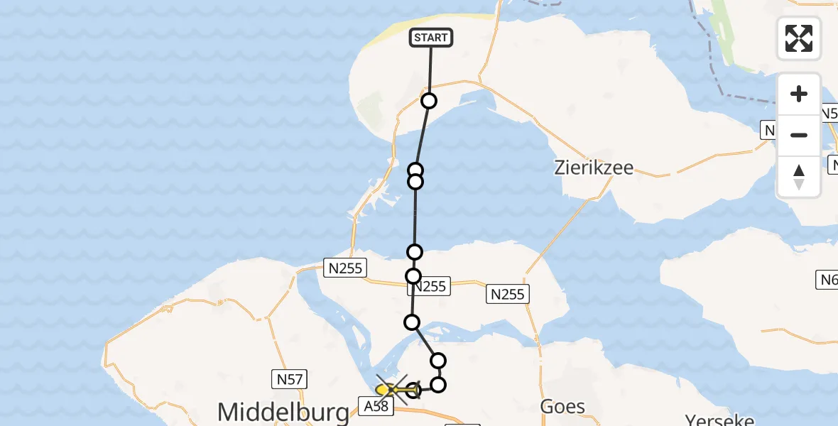 Routekaart van de vlucht: Kustwachthelikopter naar Vliegveld Midden-Zeeland, Koudekerkseweg