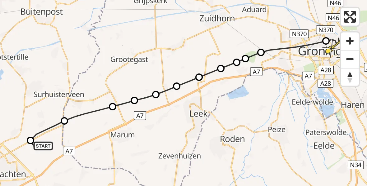 Routekaart van de vlucht: Lifeliner 4 naar Universitair Medisch Centrum Groningen, Folgerster Loane