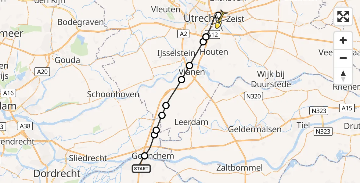 Routekaart van de vlucht: Lifeliner 2 naar Universitair Medisch Centrum Utrecht, Kooikamp
