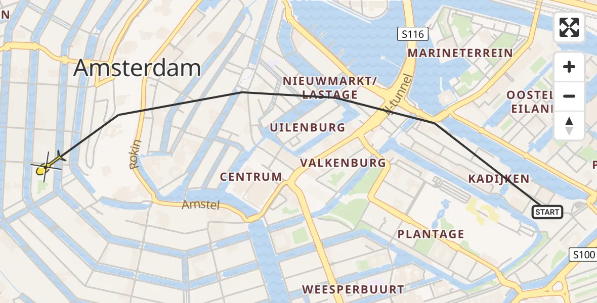 Routekaart van de vlucht: Politiehelikopter naar Amsterdam, Oostersekade