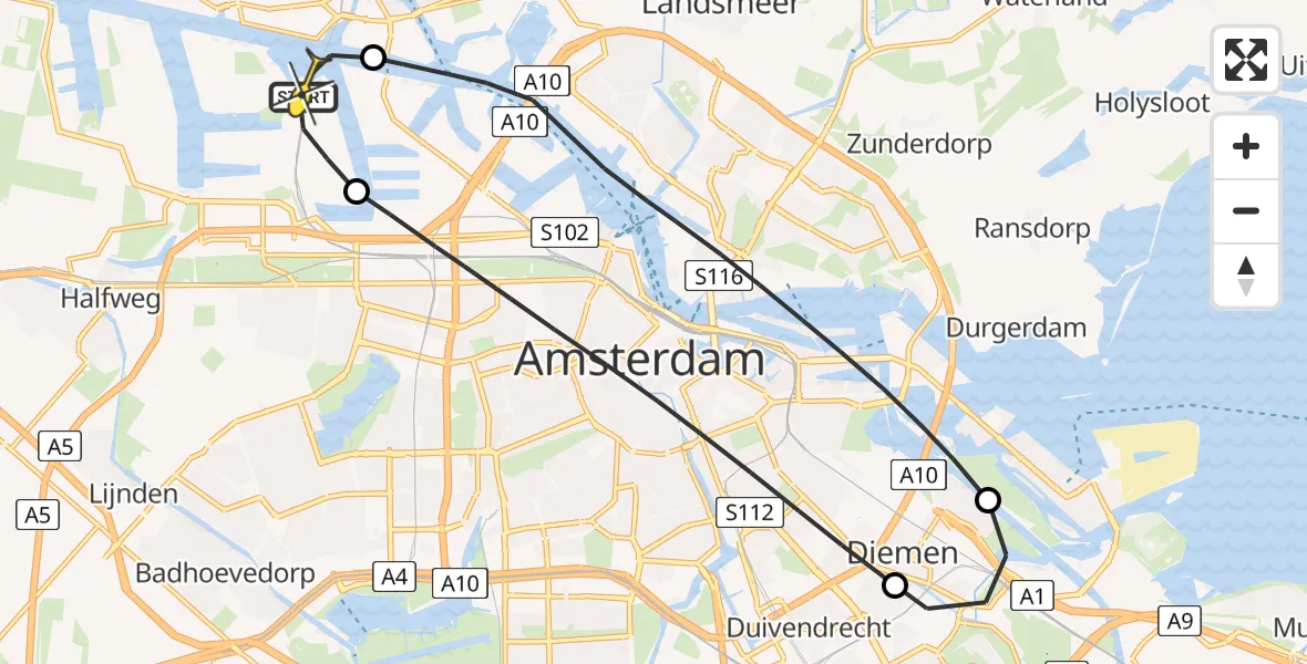 Routekaart van de vlucht: Lifeliner 1 naar Amsterdam Heliport, Corsicaweg