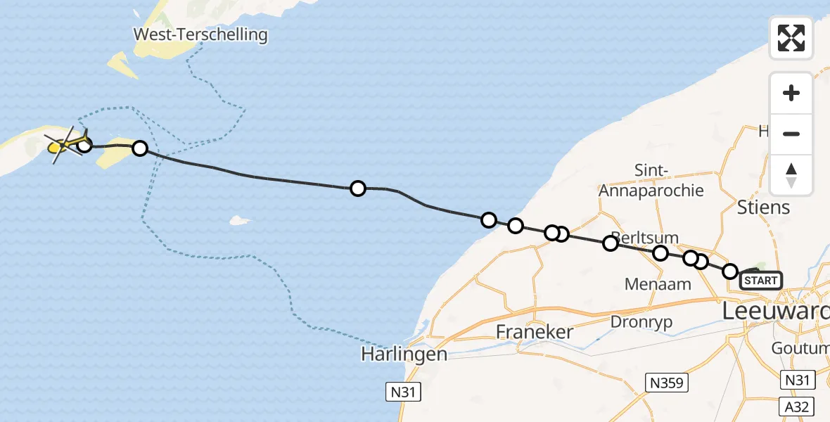 Routekaart van de vlucht: Ambulancehelikopter naar Vlieland Heliport, Sirtemawei