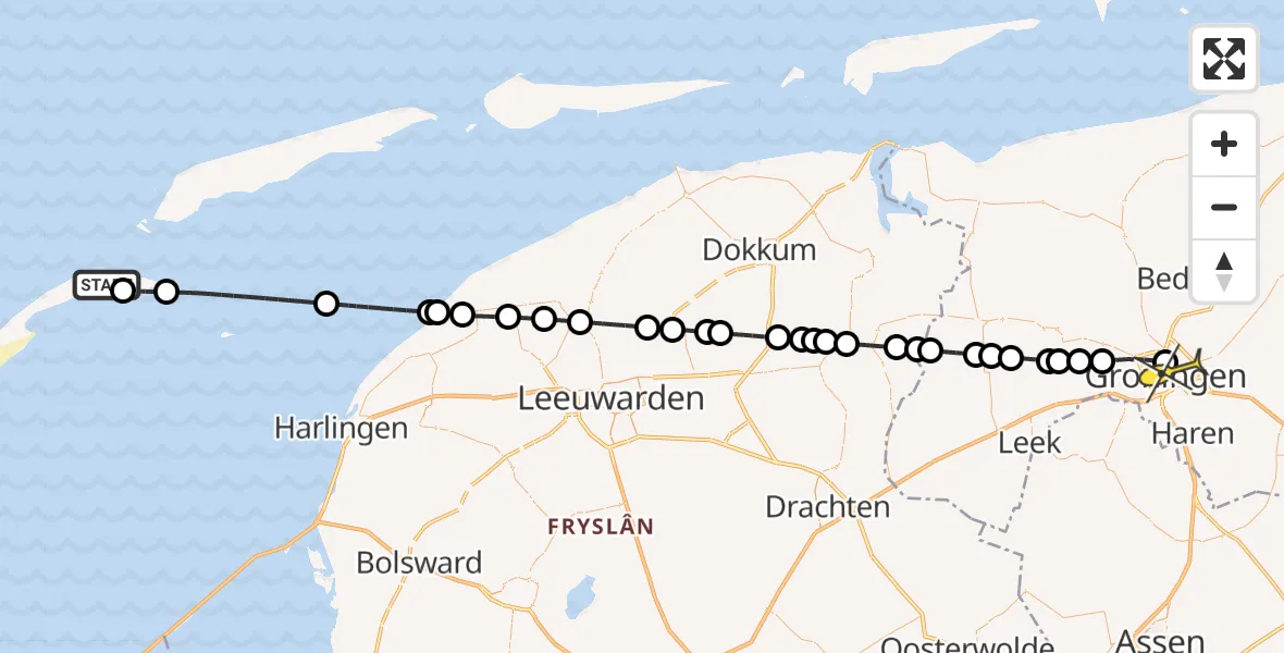 Routekaart van de vlucht: Ambulanceheli naar Universitair Medisch Centrum Groningen, Haven Vlieland