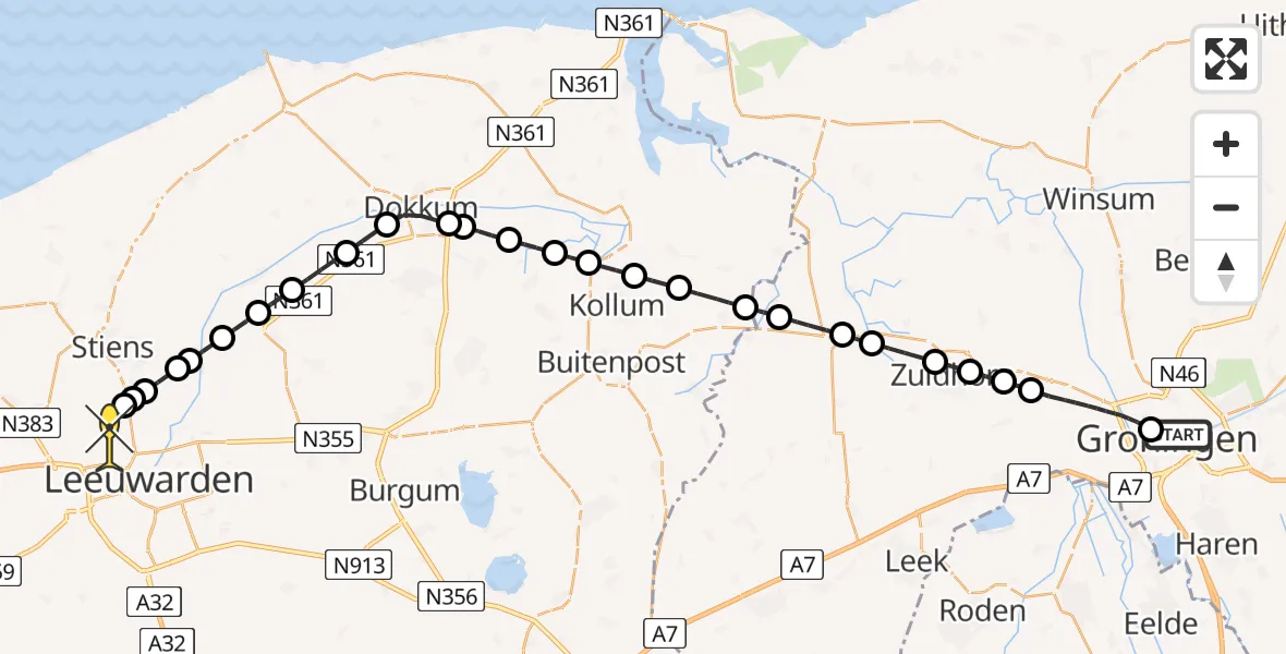 Routekaart van de vlucht: Ambulanceheli naar Vliegbasis Leeuwarden, Noorderbinnensingel