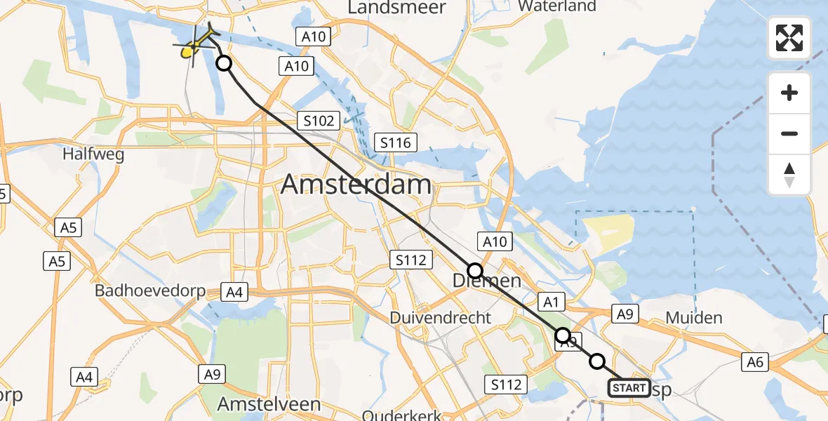 Routekaart van de vlucht: Lifeliner 1 naar Amsterdam Heliport, Flevolaan