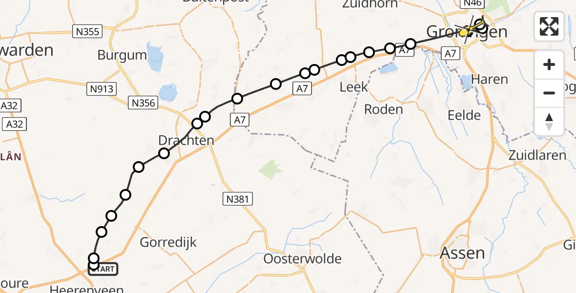 Routekaart van de vlucht: Lifeliner 4 naar Universitair Medisch Centrum Groningen, Petrus Campersingel