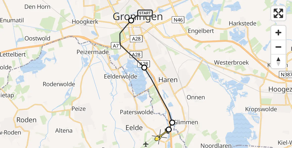 Routekaart van de vlucht: Lifeliner 4 naar Groningen Airport Eelde, Kleine der A