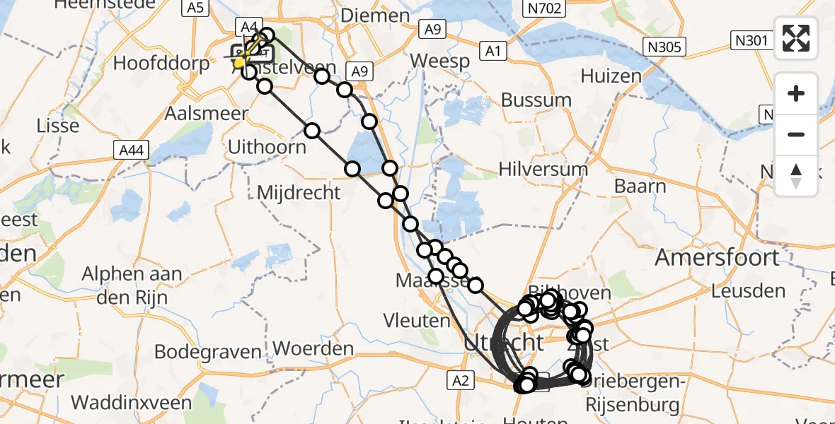 Routekaart van de vlucht: Politieheli naar Schiphol, Amsterdam-Bataviaweg