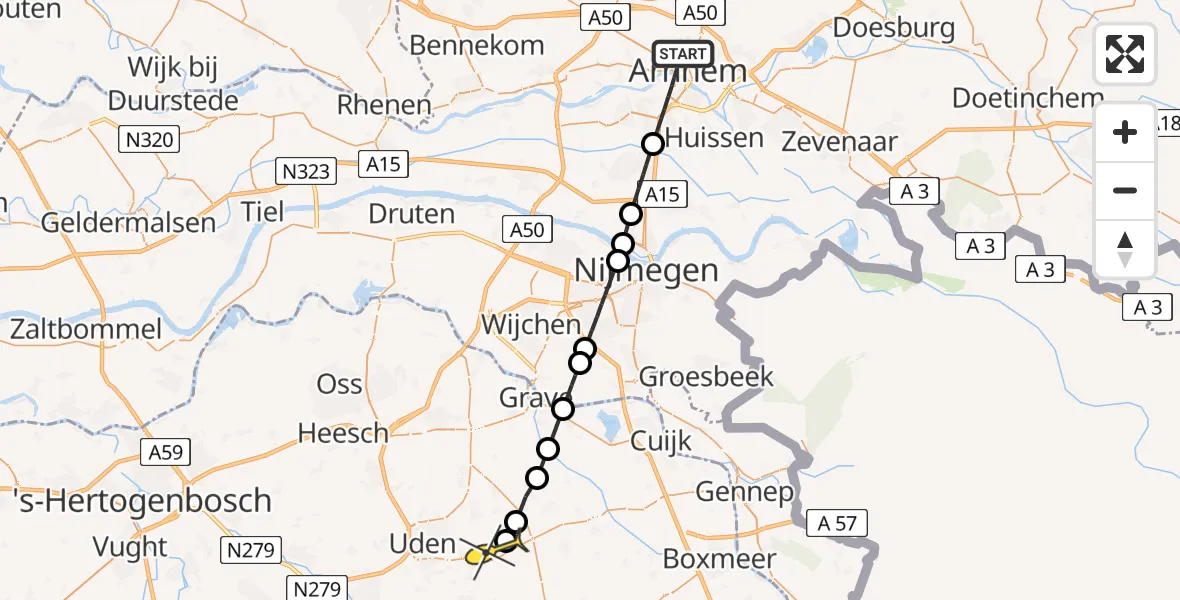 Routekaart van de vlucht: Lifeliner 3 naar Vliegbasis Volkel, Tellegenlaan