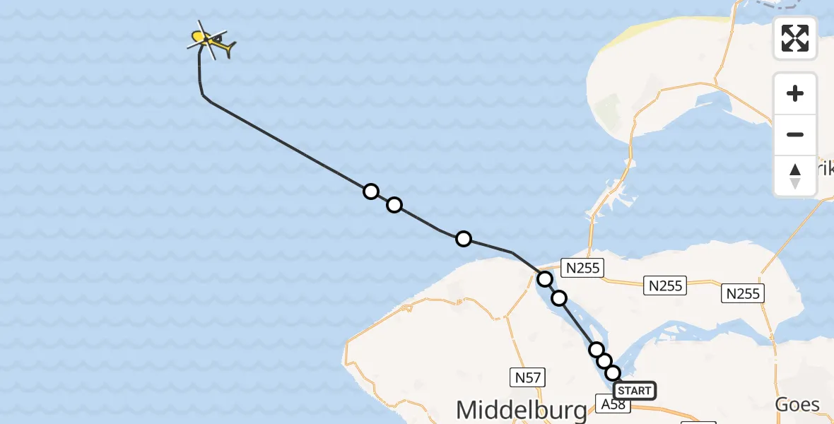 Routekaart van de vlucht: Kustwachthelikopter naar Oranjeplaatweg