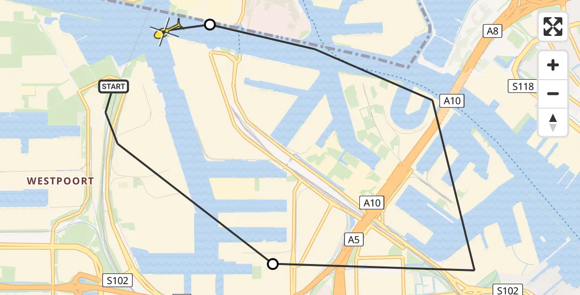 Routekaart van de vlucht: Lifeliner 1 naar Amsterdam Heliport, Plimsollweg