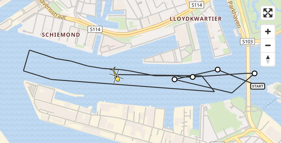 Routekaart van de vlucht: Kustwachthelikopter naar Rotterdam, Schiehaven