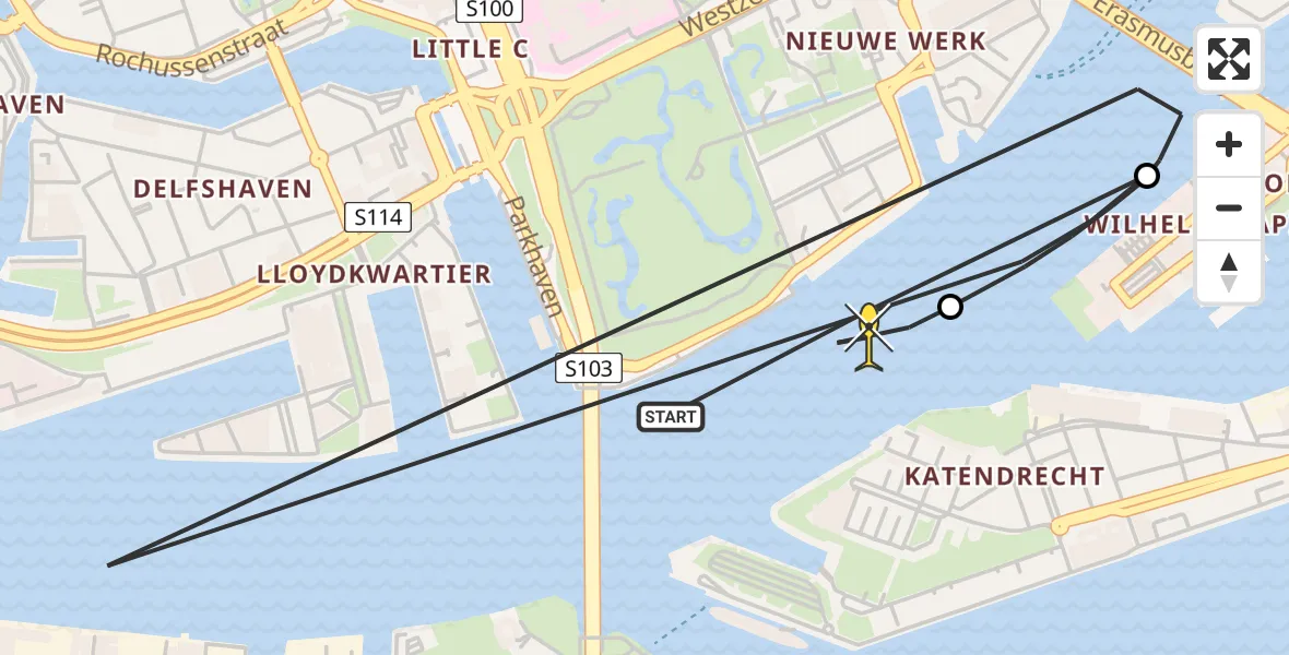 Routekaart van de vlucht: Kustwachthelikopter naar Erasmus MC, Holland Amerikakade