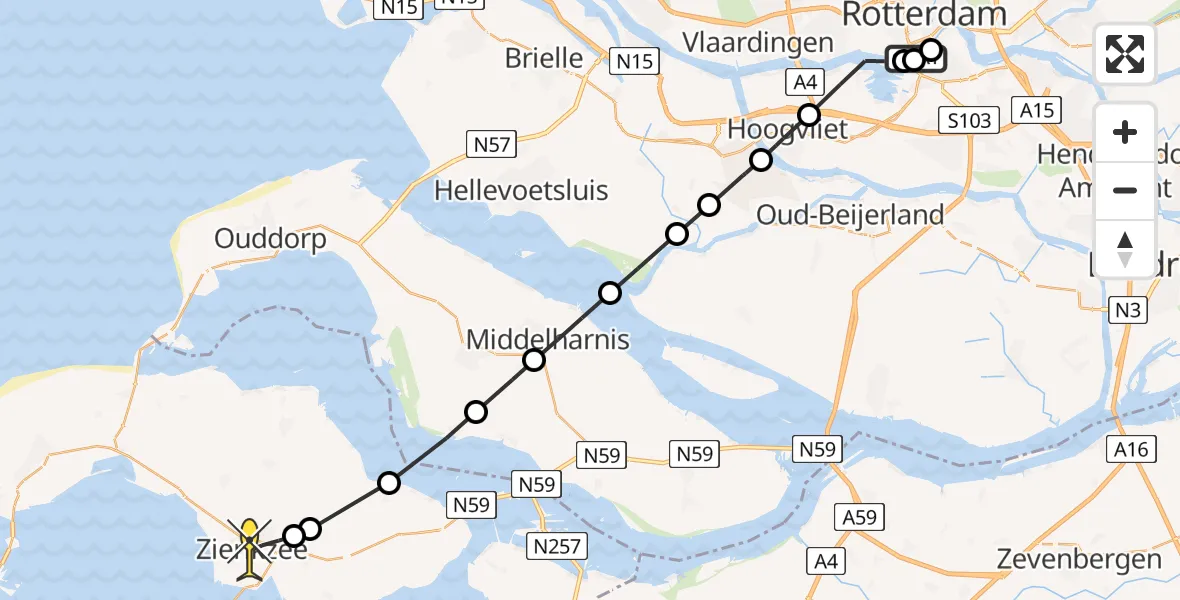Routekaart van de vlucht: Kustwachthelikopter naar Zierikzee, Sint-Janshaven