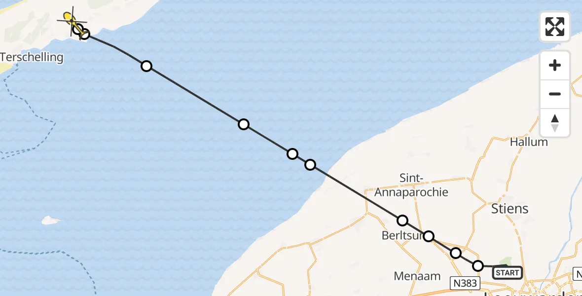 Routekaart van de vlucht: Ambulancehelikopter naar Midsland, Keegsdijkje