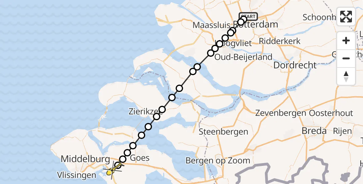 Routekaart van de vlucht: Lifeliner 2 naar Nieuwdorp, Overschiese Dorpsstraat