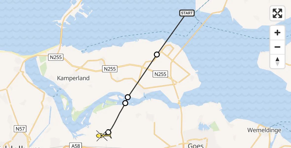 Routekaart van de vlucht: Kustwachthelikopter naar Vliegveld Midden-Zeeland, Colijnsplaatseweg