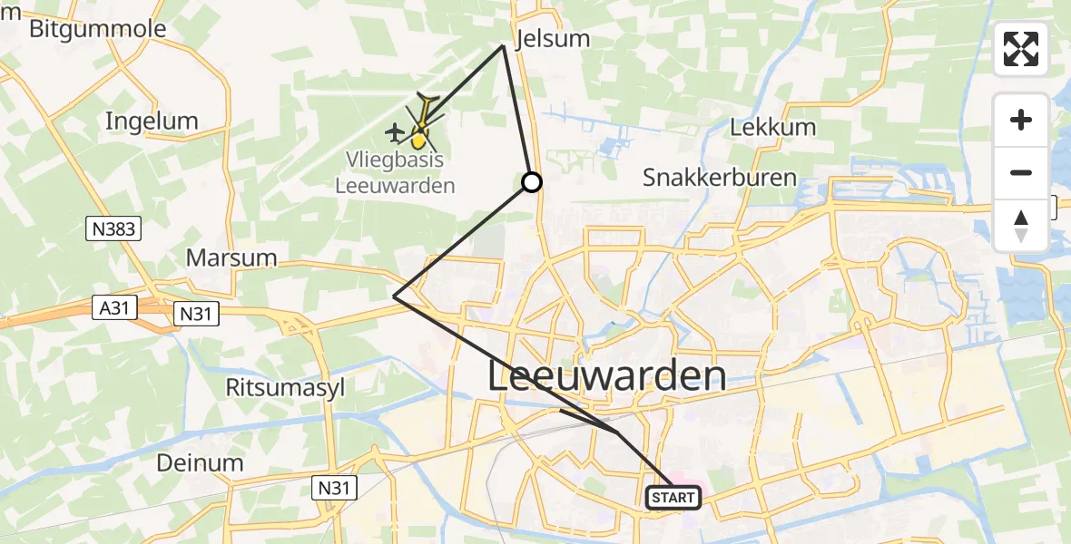 Routekaart van de vlucht: Ambulanceheli naar Vliegbasis Leeuwarden, Aldlânsdyk