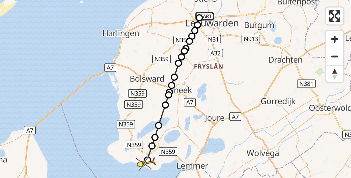 Routekaart van de vlucht: Ambulancehelikopter naar Oudemirdum, Ljouwerterdyk